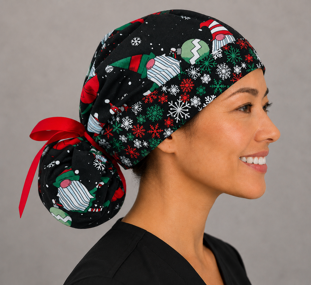 Christmas gnomes ponytail scrub cap back view close-up showing gathered pouch full of holiday gnomes, reindeer, candy canes and snowflakes on black with red ribbon bow