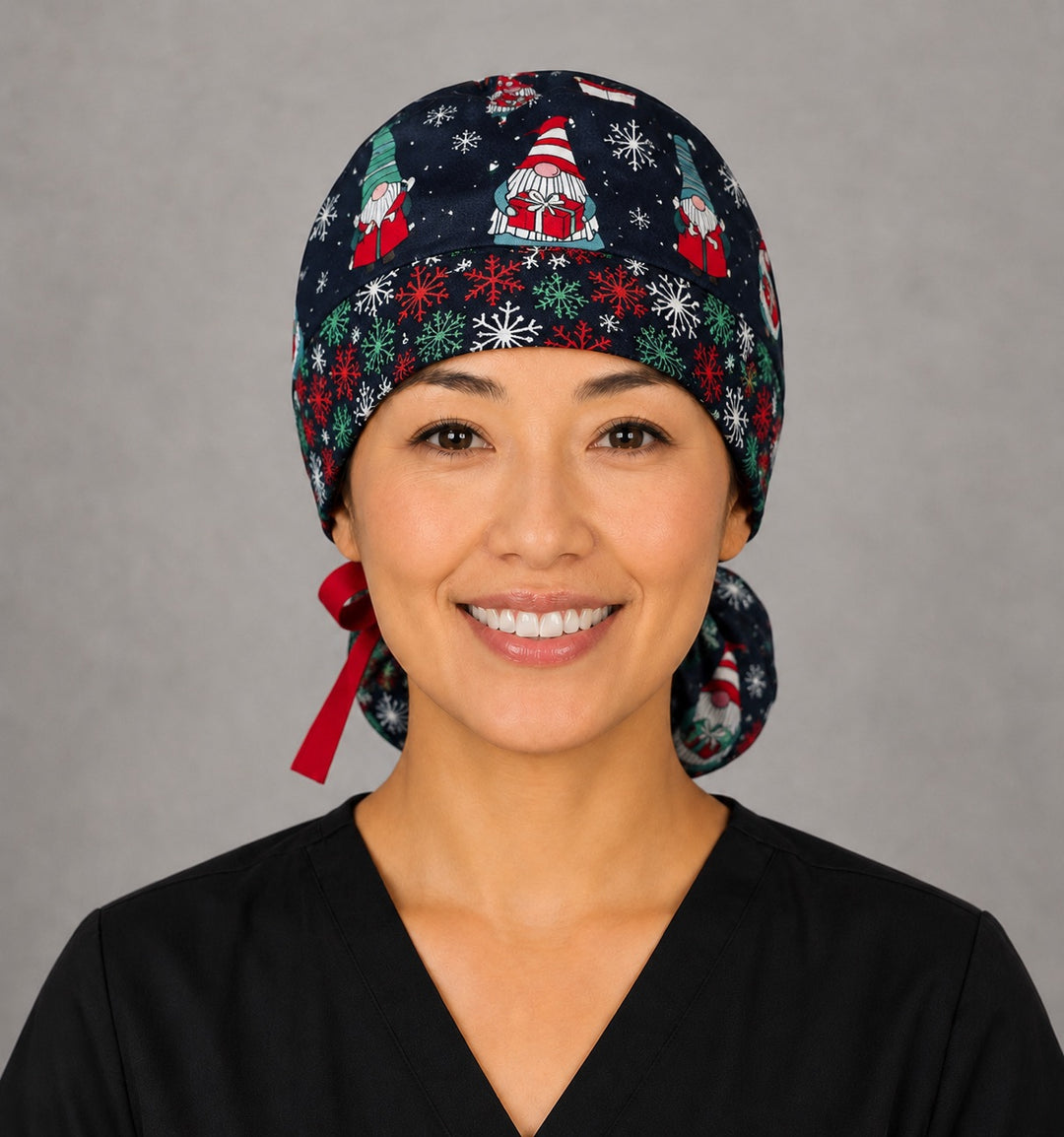 Christmas gnomes ponytail nurse cap left three-quarter angle on smiling model showing holiday gnomes, ornaments and snowflake band with red ribbon bow
