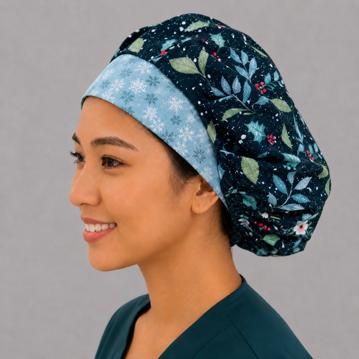 Christmas holly bouffant scrub cap, opposite side profile — roomy elastic-back winter cap that secures long thick hair