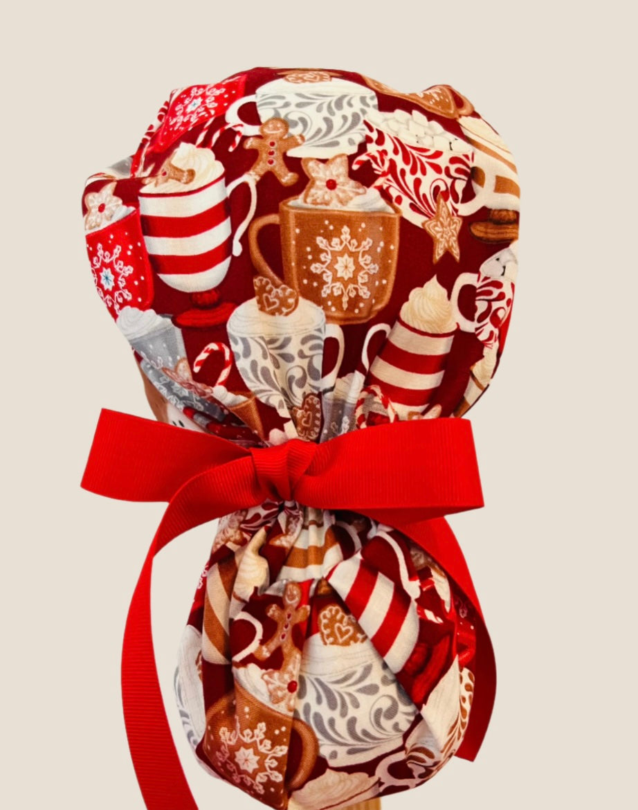Scrub Cap, Christmas Hot Chocolate Marshmallow Ponytail Scrub Cap, Holiday Nurse Cap, Cocoa Surgical Cap, Christmas Gift for Nurses, Surgeons, Dietitians, back view
