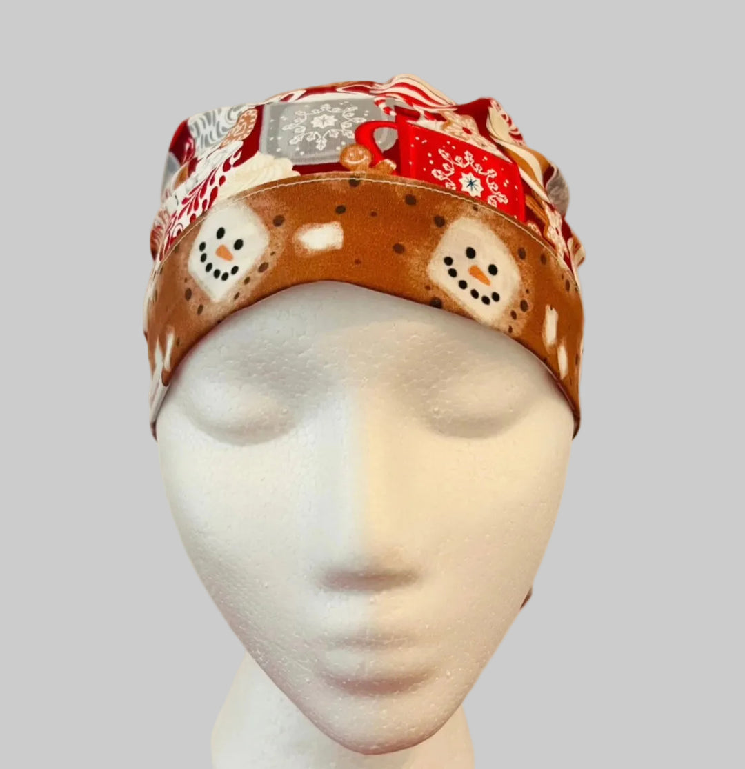 Scrub Cap, Christmas Hot Chocolate Marshmallow Ponytail Scrub Cap, Holiday Nurse Cap, Cocoa Surgical Cap, Christmas Gift for Nurses, Surgeons, Dietitians, front view
