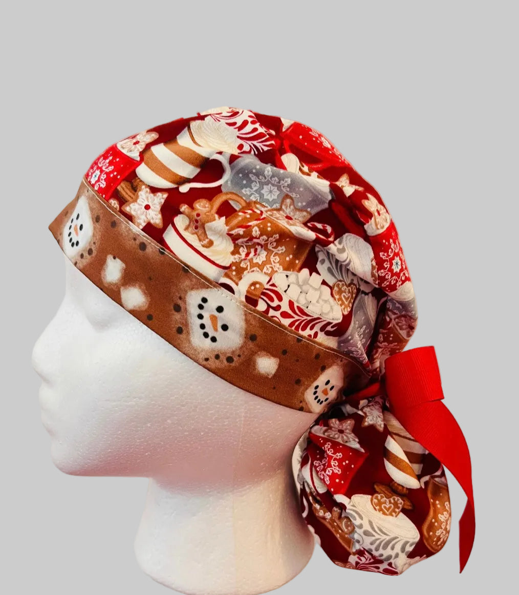 Scrub Cap, Christmas Hot Chocolate Marshmallow Ponytail Scrub Cap, Holiday Nurse Cap, Cocoa Surgical Cap, Christmas Gift for Nurses, Surgeons, Dietitians, left side view