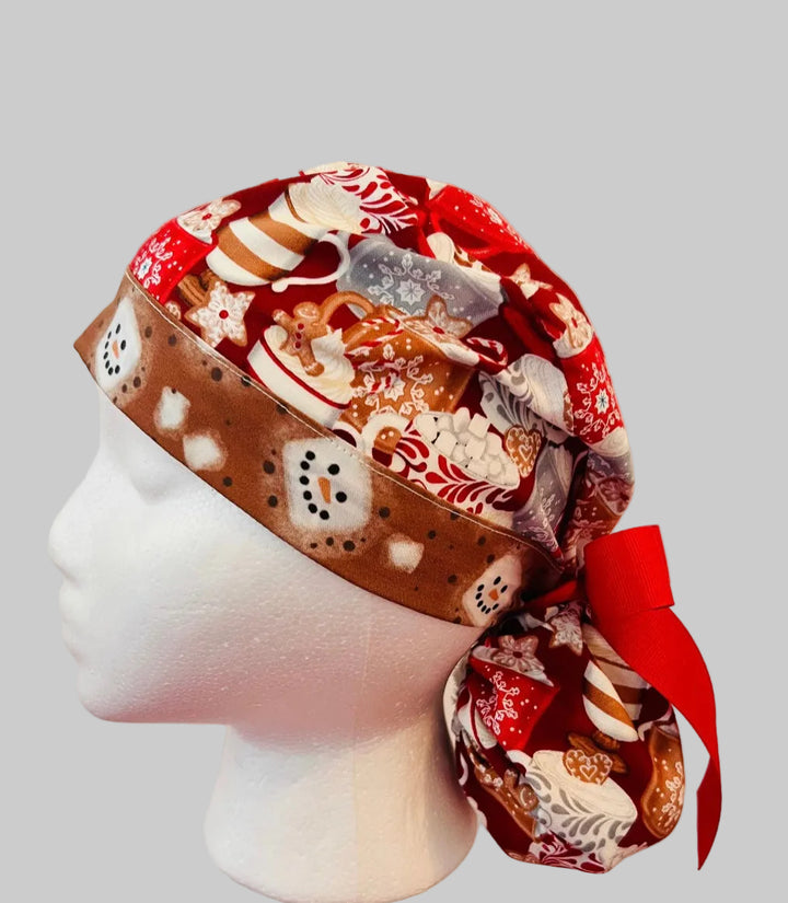 Scrub Cap, Christmas Hot Chocolate Marshmallow Ponytail Scrub Cap, Holiday Nurse Cap, Cocoa Surgical Cap, Christmas Gift for Nurses, Surgeons, Dietitians, left side view