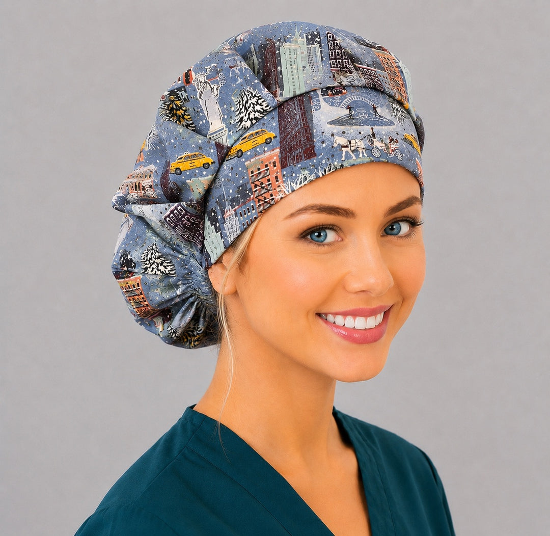 Christmas in the City bouffant surgical cap for long hair, angled view — deep gathered fit that secures thick or braided hair