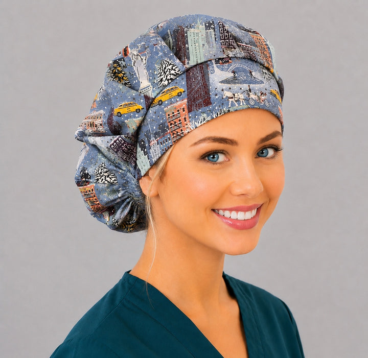 Christmas in the City bouffant surgical cap for long hair, angled view — deep gathered fit that secures thick or braided hair