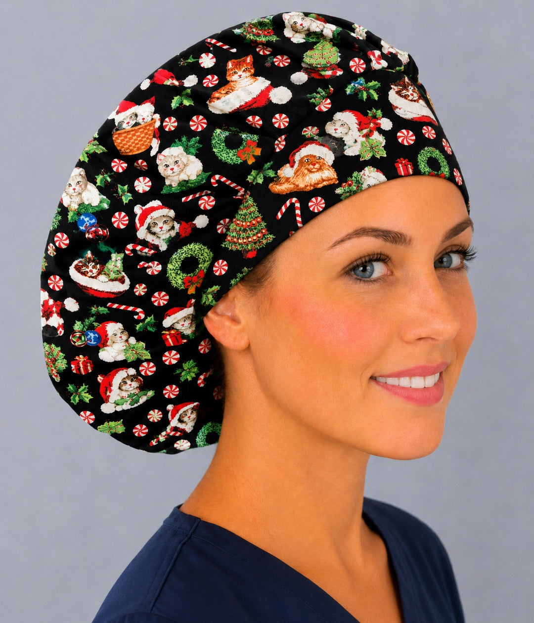 Christmas kitten bouffant scrub cap, left angled view — wreaths, ornaments and gifts print for OR nurses and vet techs