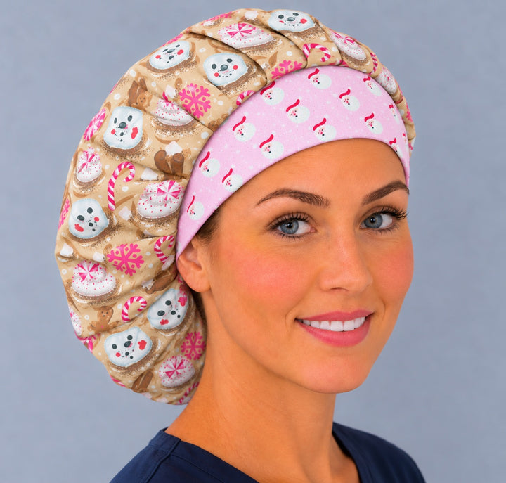 Christmas marshmallow bouffant scrub cap, left angled smiling view — pink Santa snowman band, adjustable full coverage cap