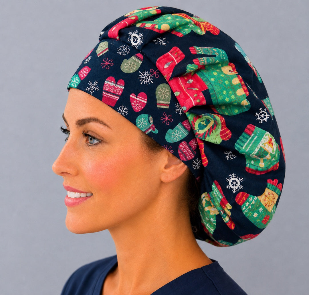 Left side profile of the Christmas mitten bouffant surgical hat — snowflake and mitten front band, roomy breathable cotton cap for nurses