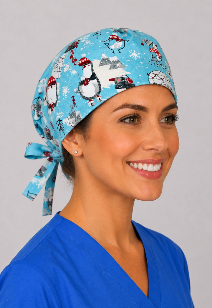 Left profile of Christmas penguin scrub cap for women with short hair, pediatric OR cap in aqua