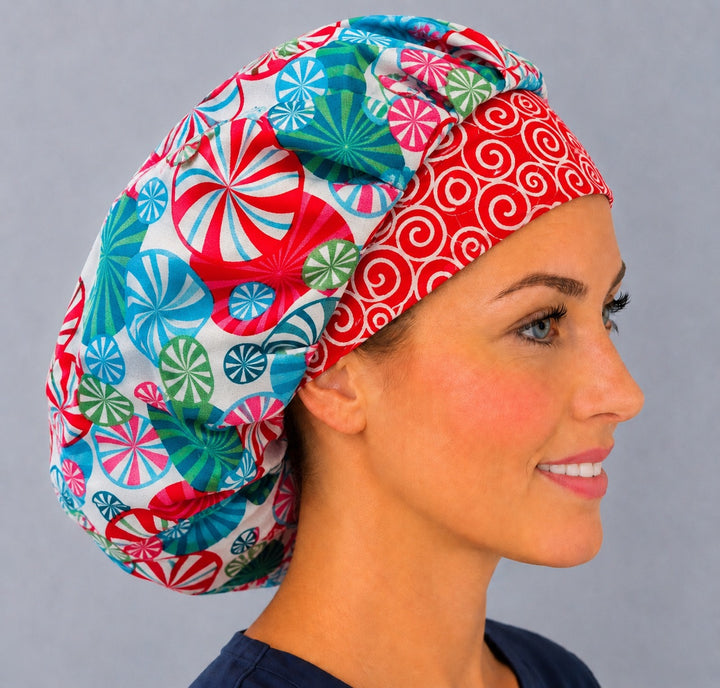 Right side profile of the Christmas peppermint candy bouffant surgical hat — red spiral contrast band, roomy breathable cotton cap for nurses