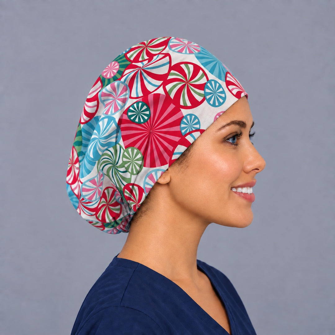 Christmas peppermint Euro cap, right side profile — handmade cream and red swirl surgical cap, USA made