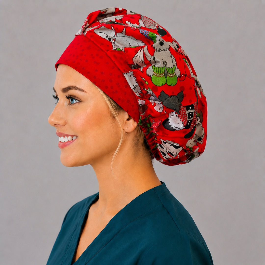 Christmas puppy bouffant scrub cap, right angled smiling view — dogs in sweaters and mittens print for OR nurses and surgical techs
