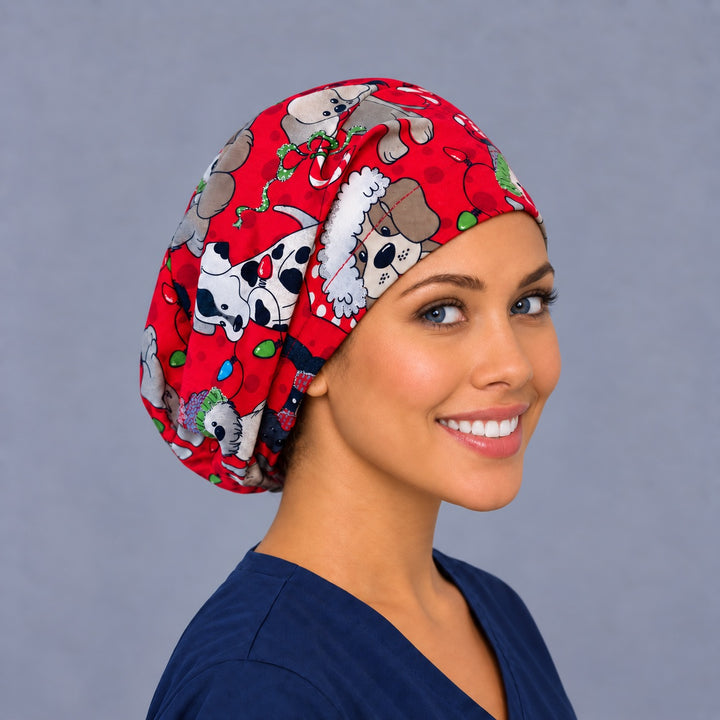 Christmas puppy Euro scrub cap, right angled view — Scottie dogs in Santa suits, favorite with veterinary teams