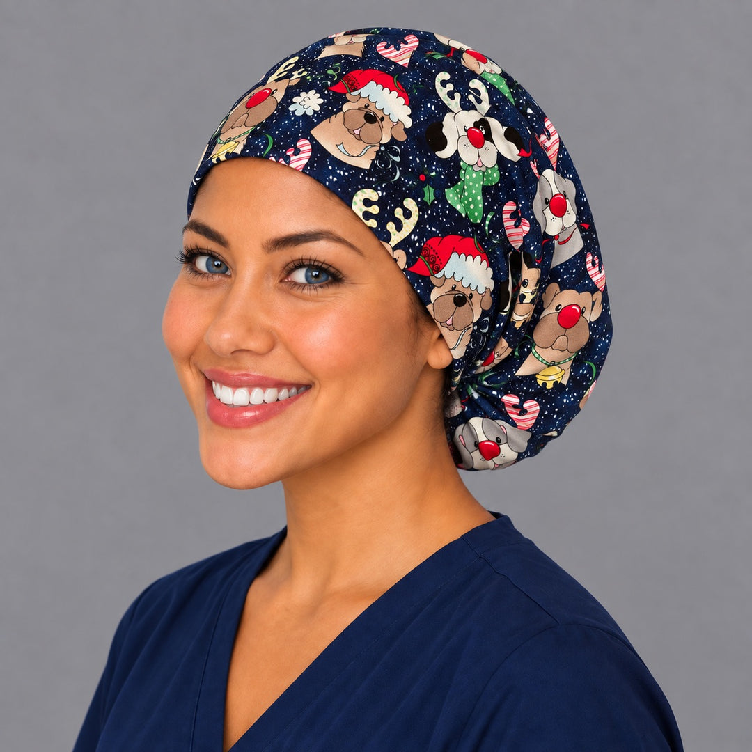 Christmas puppy Euro surgical cap, left angled view — elastic adjustable back that secures long or thick hair