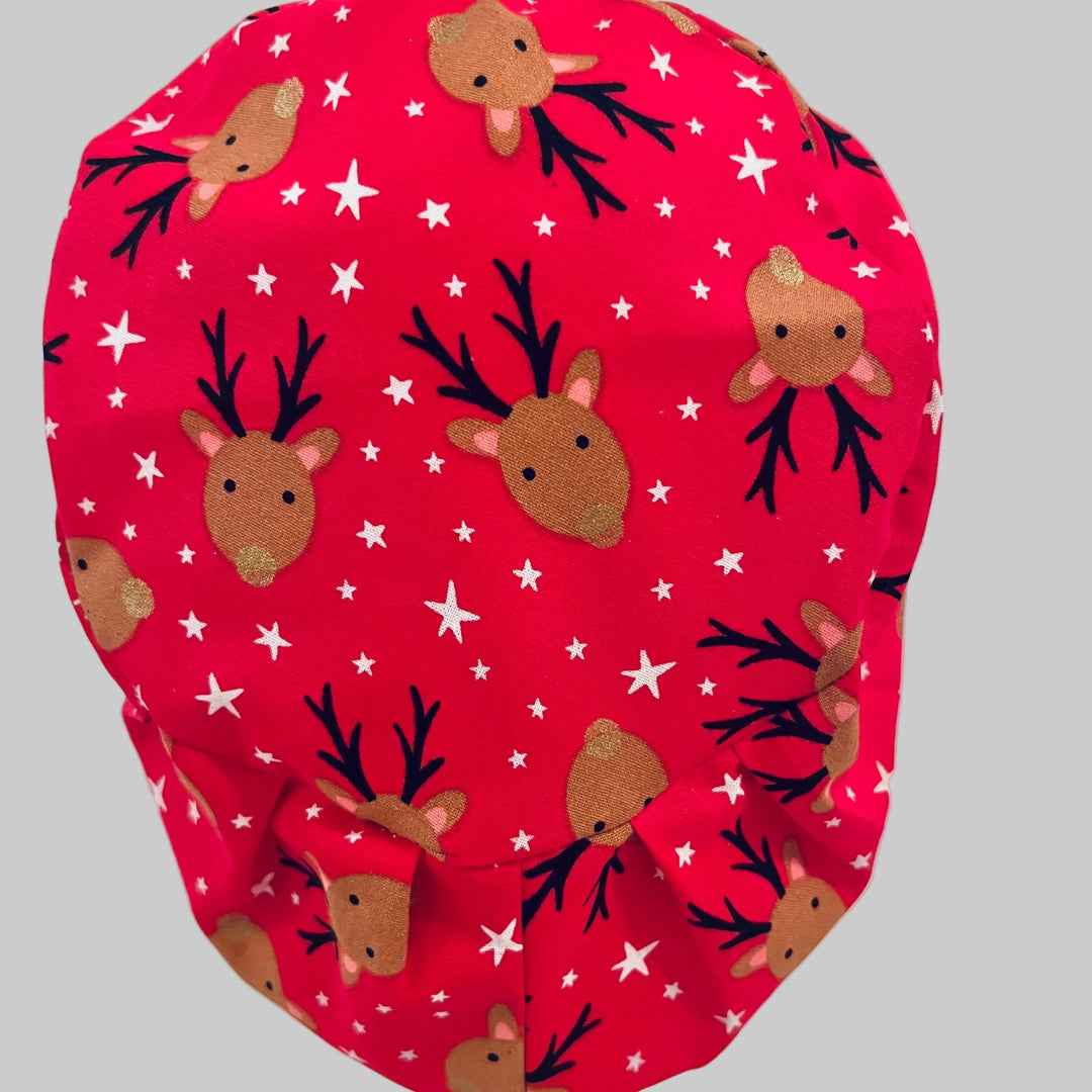 Euro Christmas Reindeer Scrub Cap | Holiday Reindeer Surgical Hat | Adjustable OR Cap for Nurses &amp; Surgeons | Satin Lining Option, back view