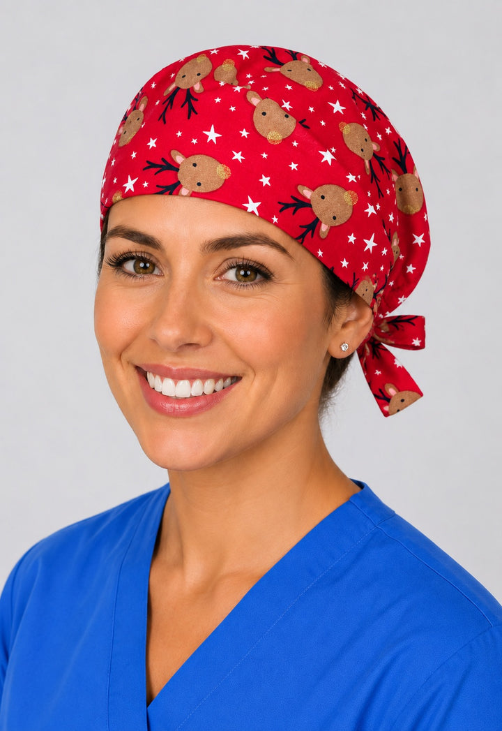 Nurse wearing Christmas reindeer tie back scrub cap, red star print holiday surgical hat with side tie by OR World