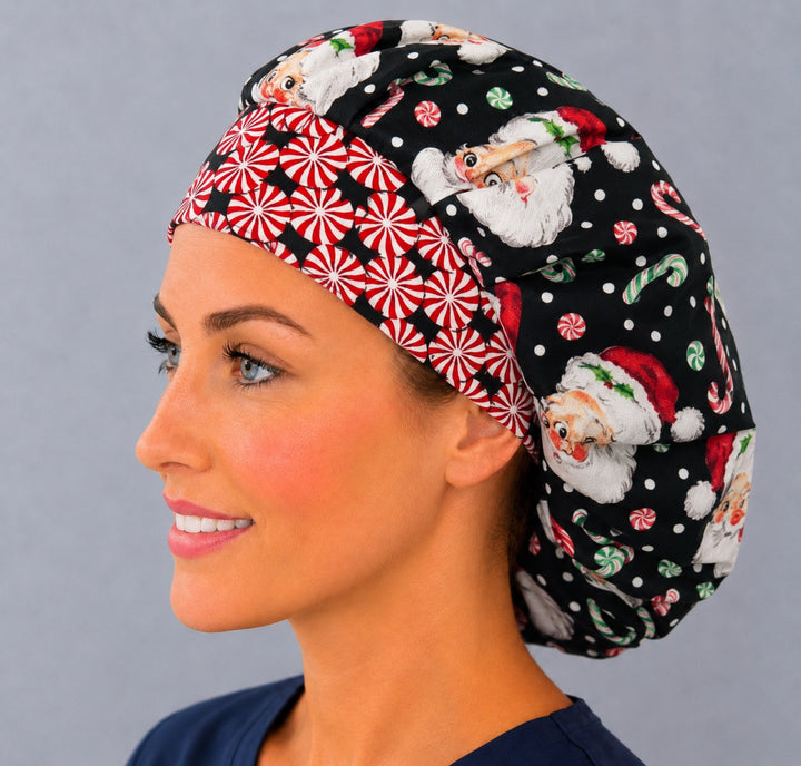 Left side profile of the Christmas Santa bouffant surgical hat — black candy cane print with red peppermint swirl band, roomy breathable cotton cap