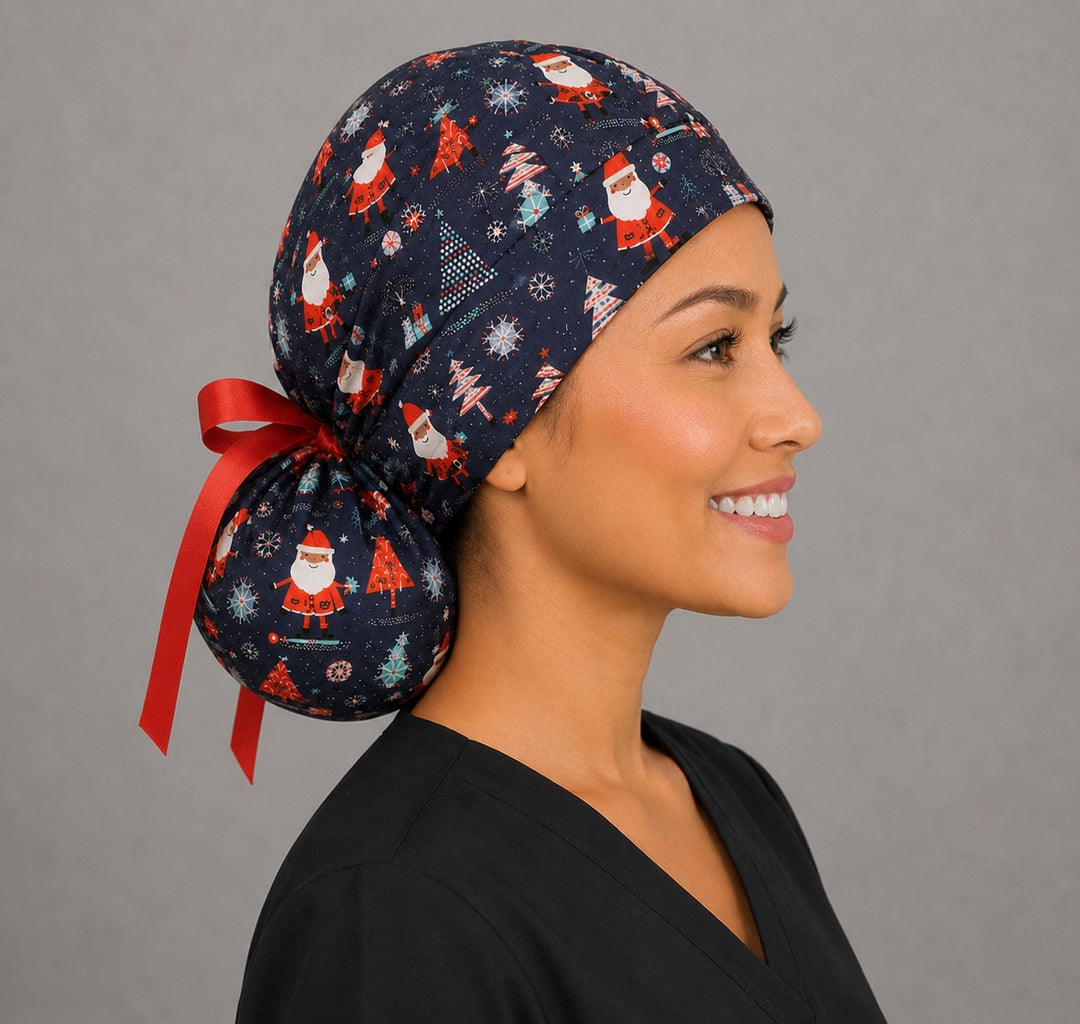 Christmas Santa ponytail scrub cap back view close-up showing gathered pouch full of cheerful Santas, Christmas trees and snowflakes on navy blue with red grosgrain ribbon bow