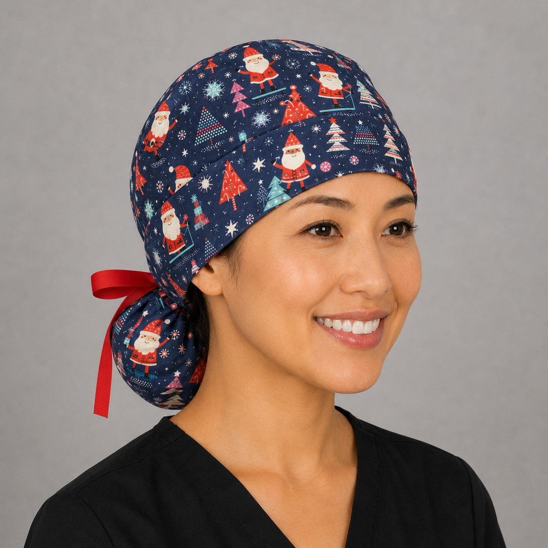 Christmas Santa ponytail scrub cap left side profile with full ponytail pouch of Santas, Christmas trees and snowflakes on navy blue and long red ribbon ties