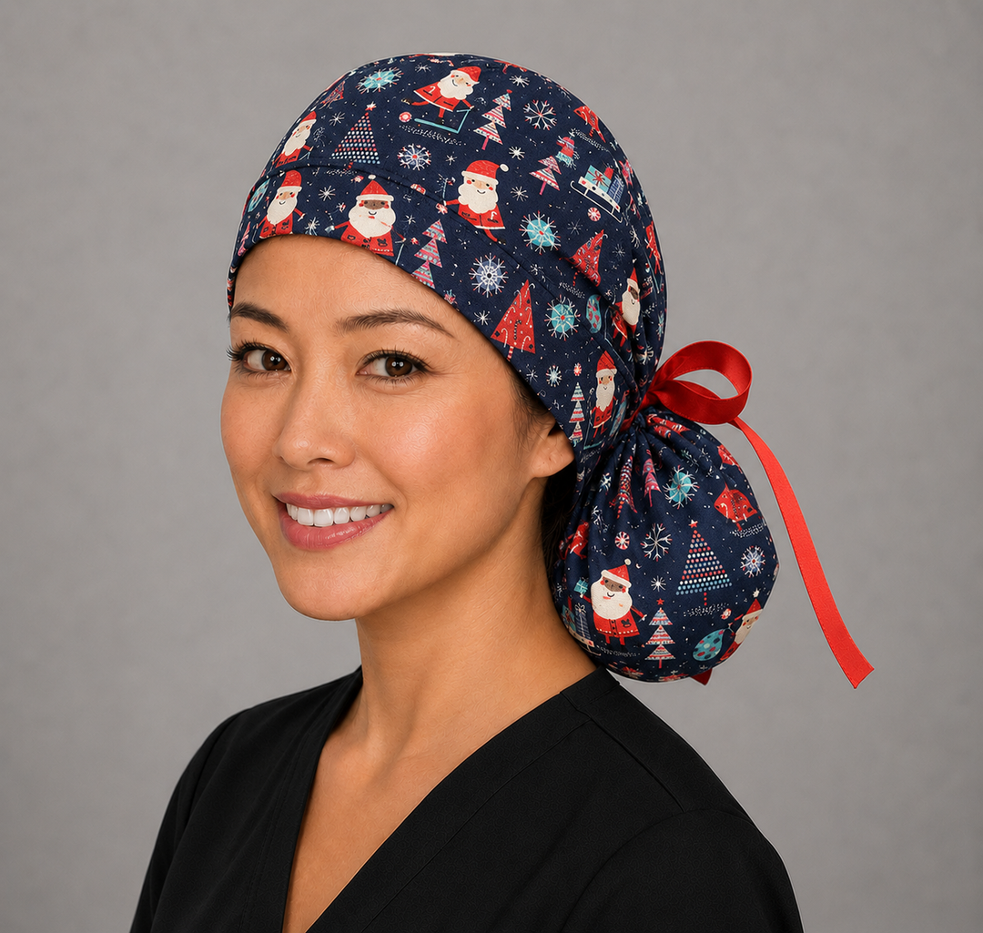 Christmas Santa ponytail scrub cap right side profile showing gathered pouch of Santas, Christmas trees and snowflakes on navy blue with red ribbon tie