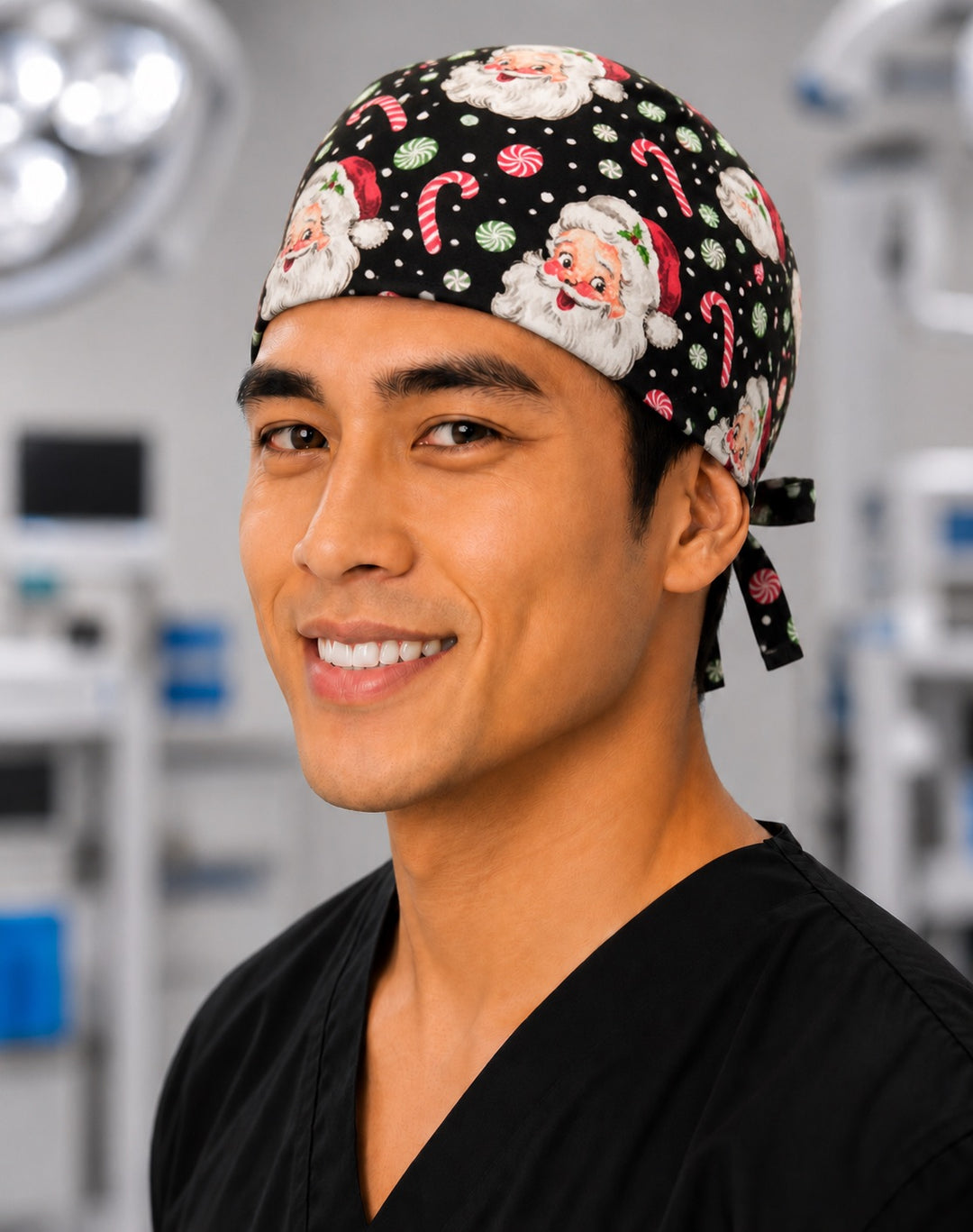 Three-quarter view of Christmas Santa candy cane men's tie-back scrub cap, holiday OR surgical hat handmade in the USA