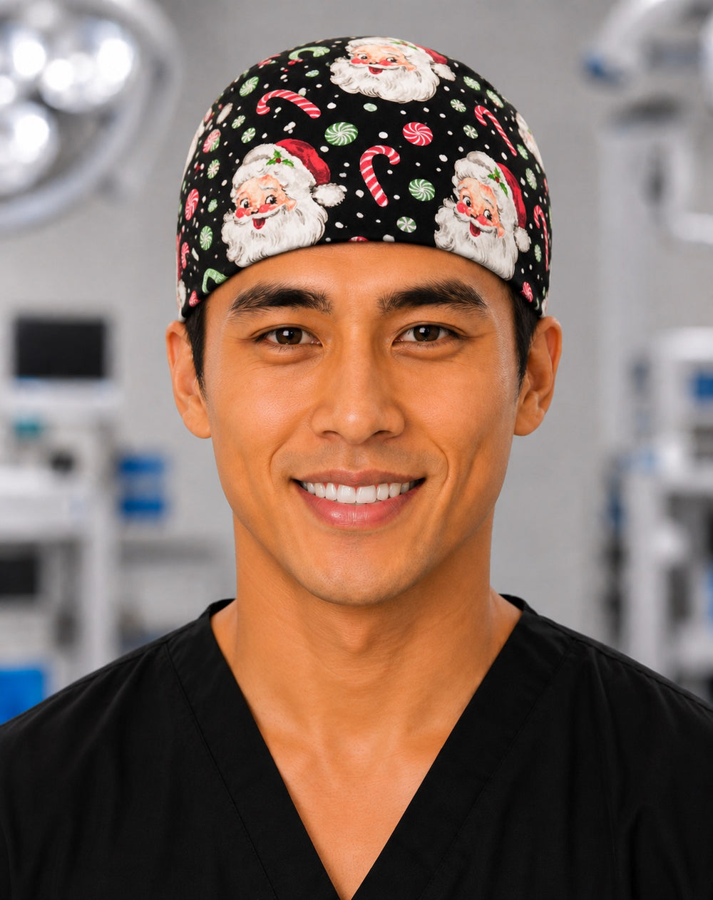 Christmas Santa scrub cap with jolly Santa faces, candy canes and peppermints on black, handmade men's tie-back holiday surgical hat on male OR nurse, front view