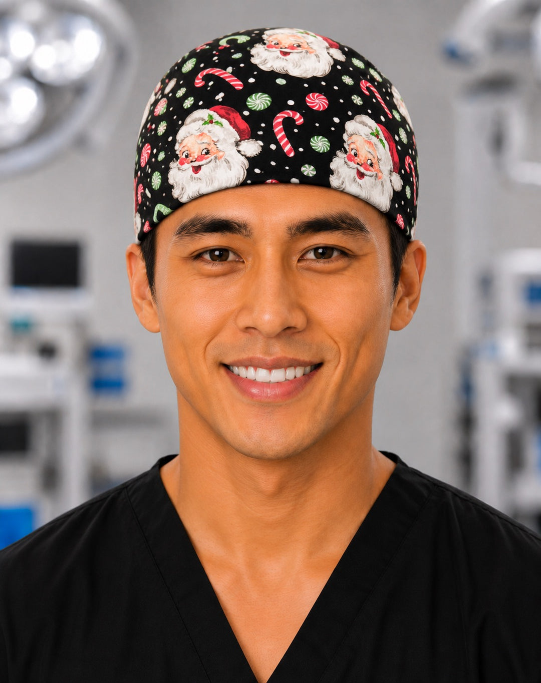 Christmas Santa scrub cap with jolly Santa faces, candy canes and peppermints on black, handmade men&
