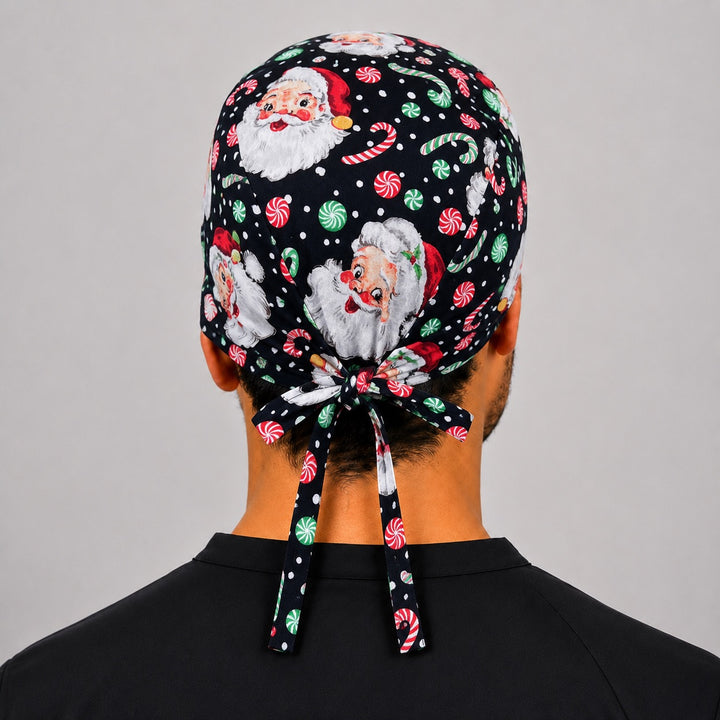 Back view of adjustable tie-back knot on Christmas Santa candy cane scrub cap surgical hat for men