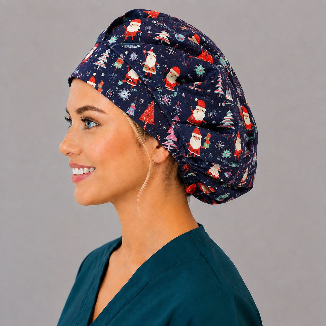 Left side profile of the Christmas Santa and tree bouffant surgical hat — navy holiday print with presents and candy canes, roomy breathable cotton cap for nurses