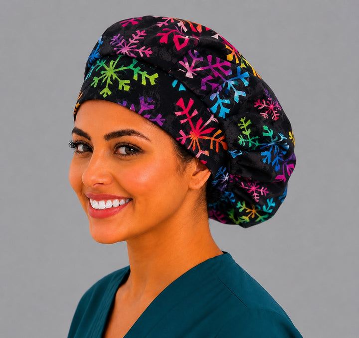 Christmas snowflake bouffant surgical cap for long hair, left angled view — deep gathered fit that secures thick or braided hair