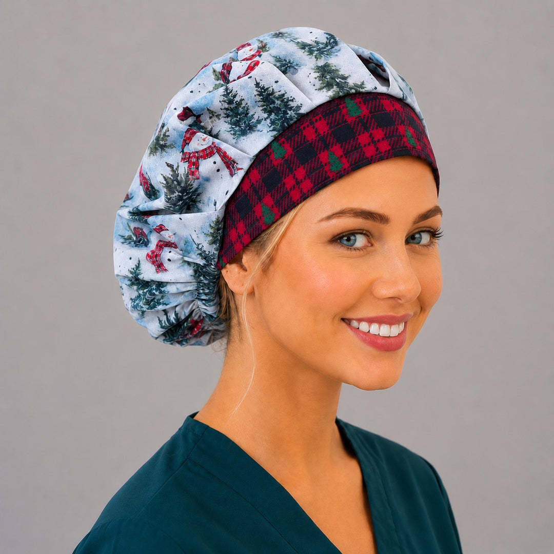 Christmas snowman bouffant scrub cap angled smiling view on a nurse — roomy elastic-back winter cap that secures long thick hair