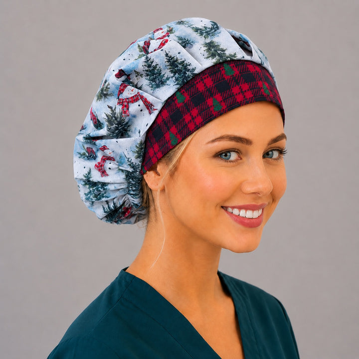 Christmas snowman bouffant scrub cap angled smiling view on a nurse — roomy elastic-back winter cap that secures long thick hair