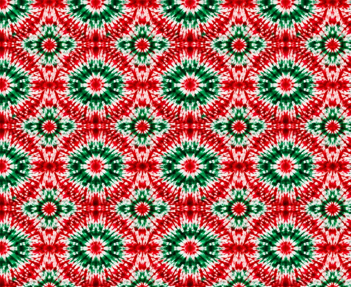Close-up of the Christmas tie-dye starburst fabric used for this bouffant cap, emerald and cherry red rings on white