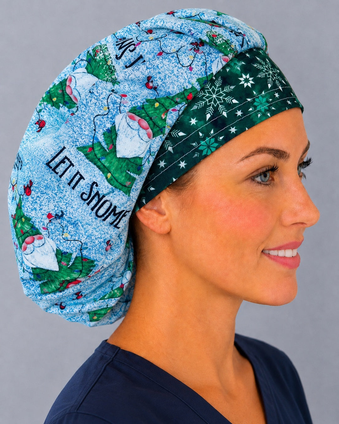 Right side profile of the Christmas tree gnome bouffant surgical hat — dark green snowflake contrast band, roomy breathable cotton cap for nurses