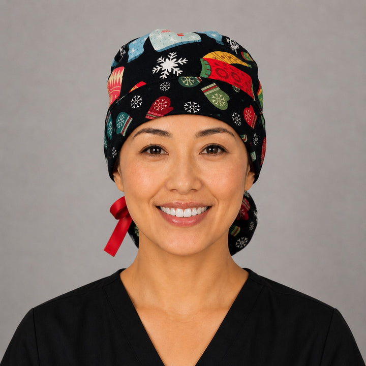 Woman wearing Christmas ugly sweater ponytail scrub cap, front view smiling with festive knit sweaters, mittens and snowflakes on black with red ribbon tie