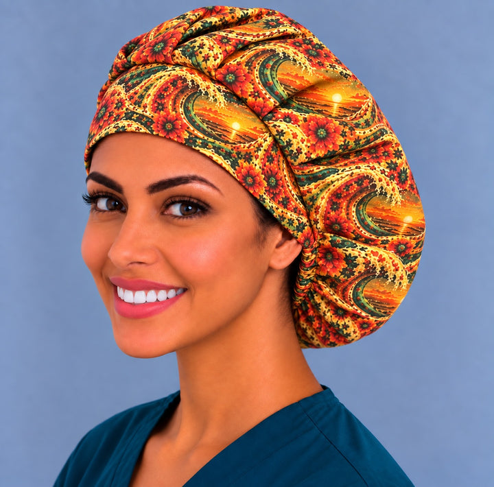 Cinco de Mayo bouffant surgical cap, left angled smiling view — adjustable surgical hat for women with thick or curly hair