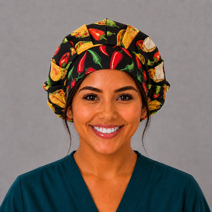 Cinco de Mayo fiesta bouffant scrub cap for women, front view, tacos chili peppers and Mexican food on black, handmade surgical hat by OR World