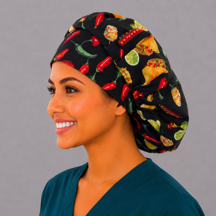 Cinco de Mayo fiesta bouffant scrub cap left side profile showing tacos, chili peppers, sombreros and corn on black, women&