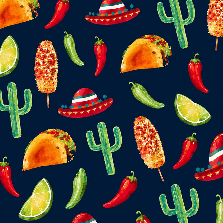 Cinco de Mayo fiesta Mexico fabric swatch with tacos, cactus, chili peppers, lime and elote, men&