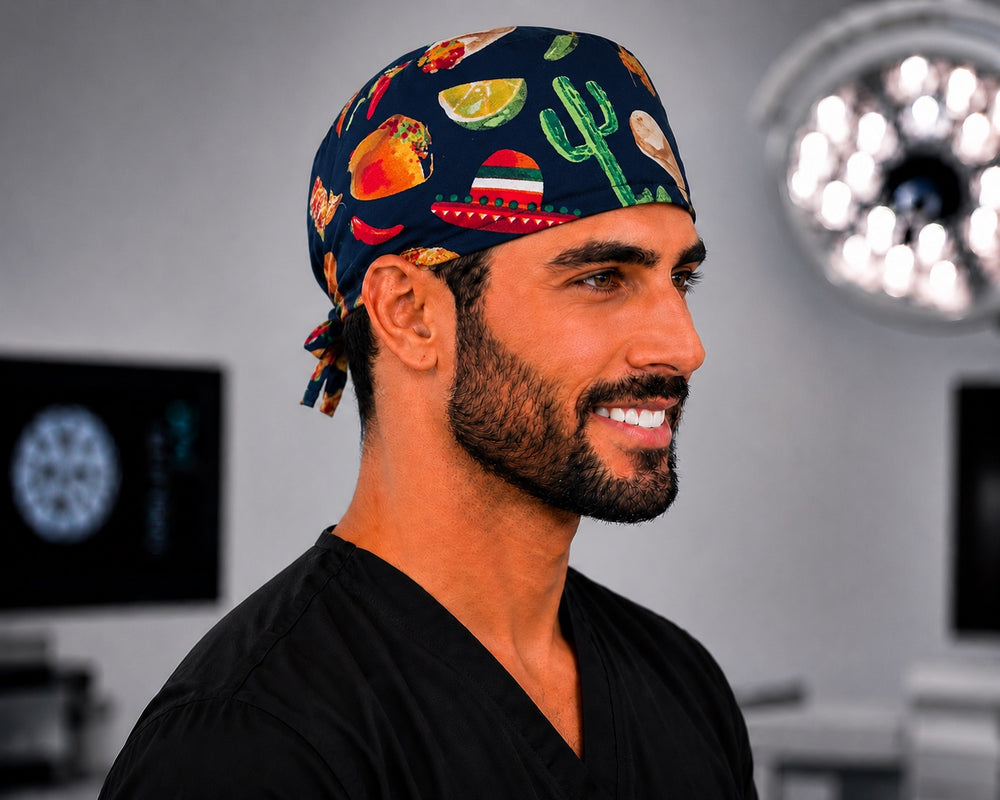 Side profile of Cinco de Mayo fiesta taco cactus Mexico men's scrub cap, adjustable tie-back surgical hat for surgeons and techs