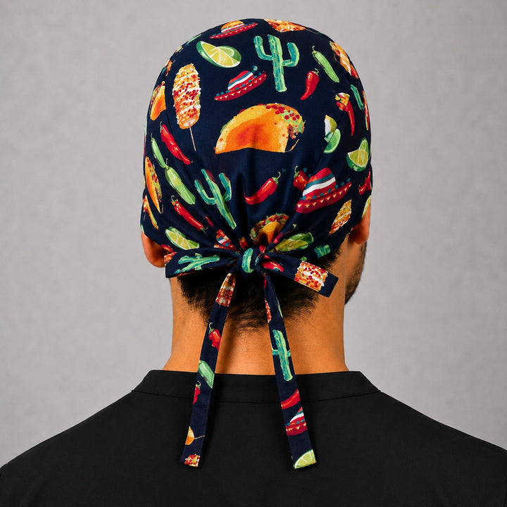 Back view of adjustable tie-back knot on Cinco de Mayo fiesta Mexico taco cactus scrub cap surgical hat for men