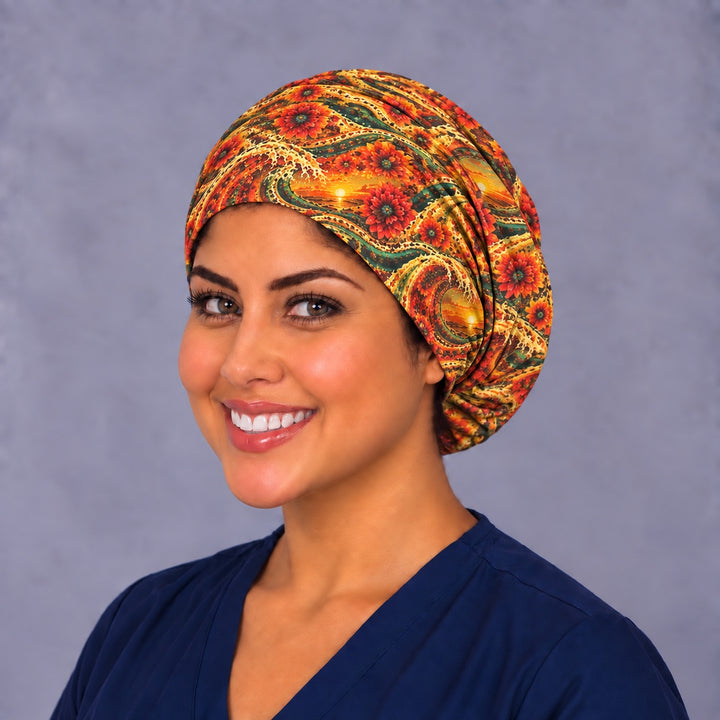 Cinco de Mayo sunset Euro scrub cap, left angled smiling view — elastic adjustable back that secures long or thick hair