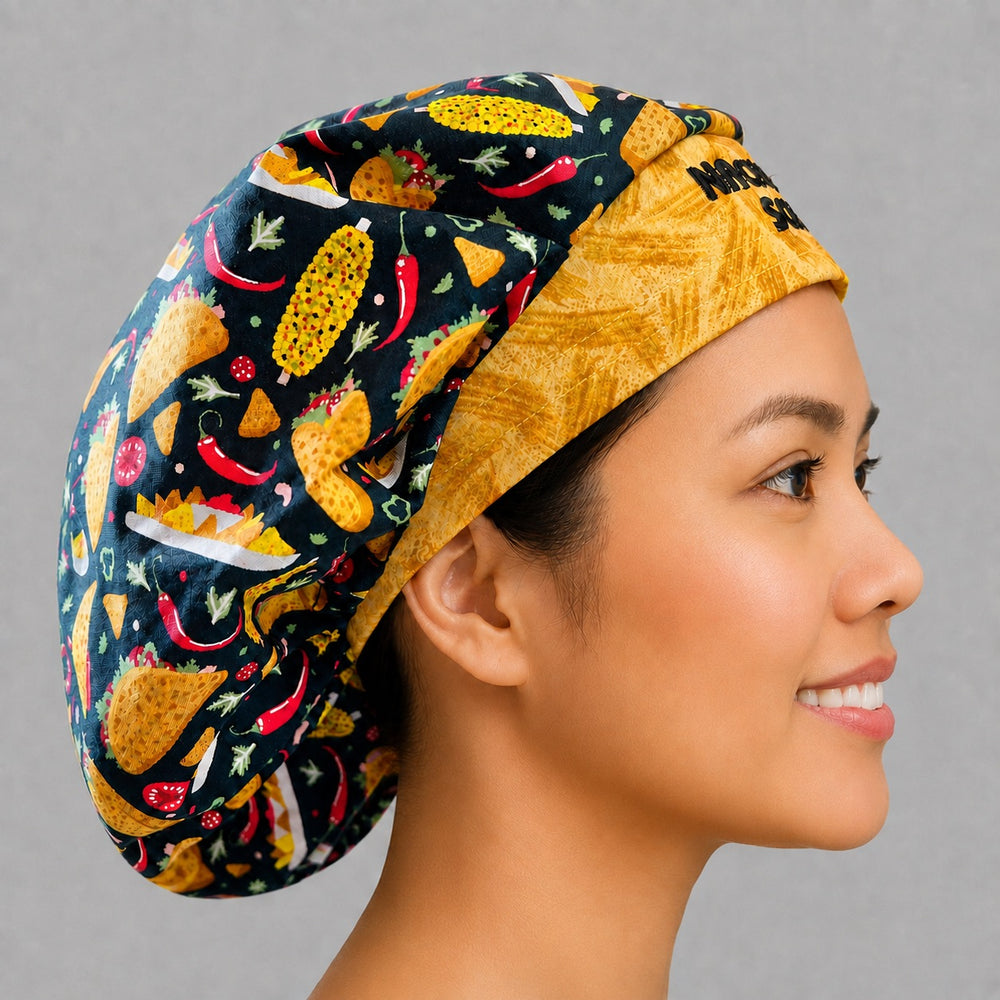 Back view of the Cinco de Mayo taco bouffant scrub cap — full roomy gathered fit for long thick hair, tacos and nachos across the crown