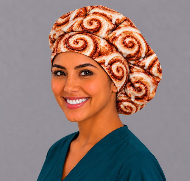 Side view of a cinnamon bun bouffant surgical cap with roomy crown for long, thick and curly hair