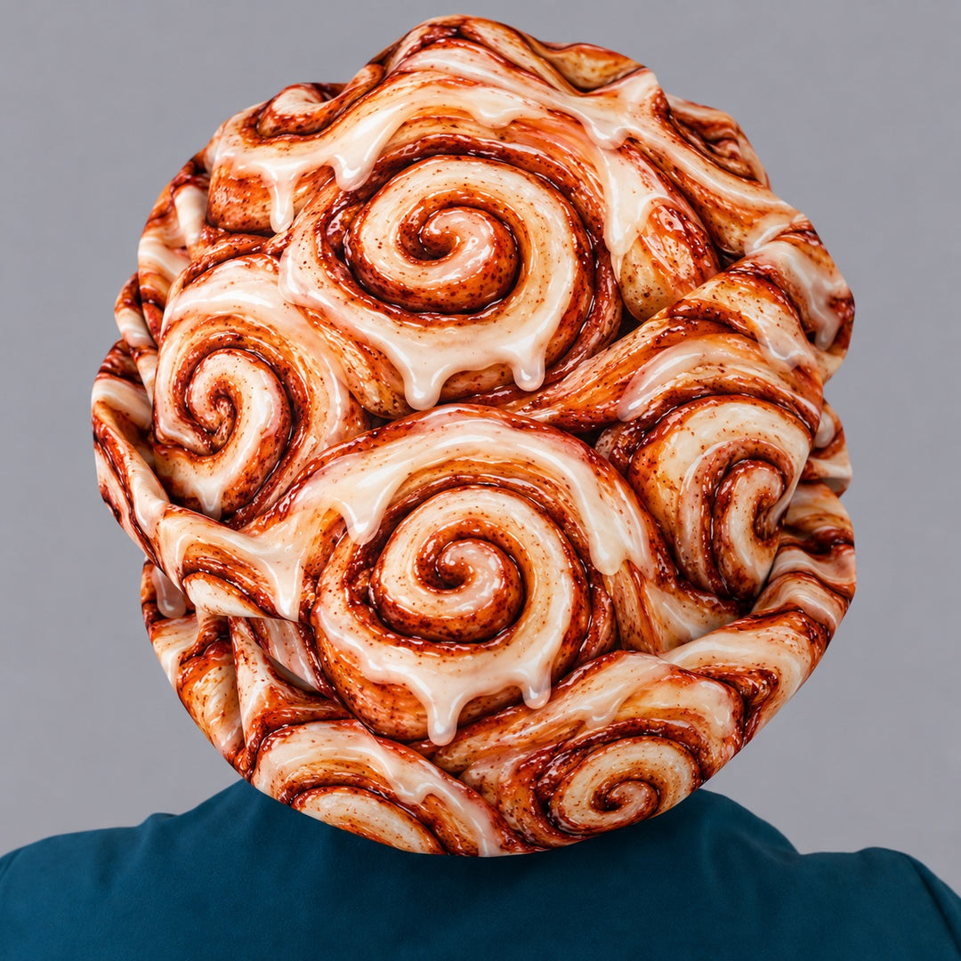 Back view of a cinnamon roll bouffant scrub cap showing the adjustable elastic back and full coverage