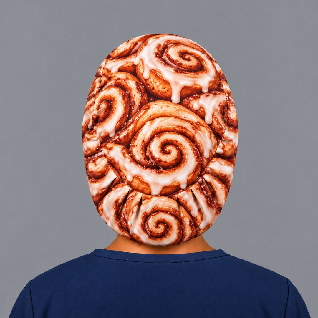 Back view of a cinnamon roll euro cap showing the gathered adjustable elastic back