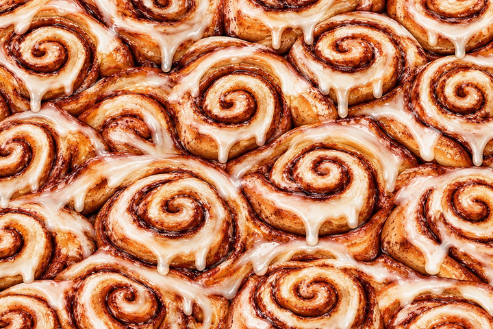 Close up of the iced cinnamon bun fabric, an OR World original print used on our funny euro scrub cap