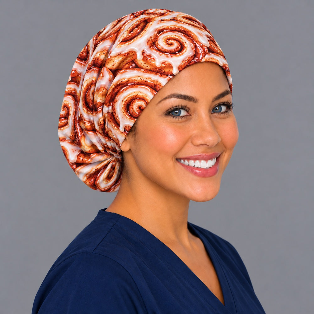 Right side view of a cinnamon roll euro scrub cap with a sleek low profile fit, a sweet gift for anesthesia and CRNAs