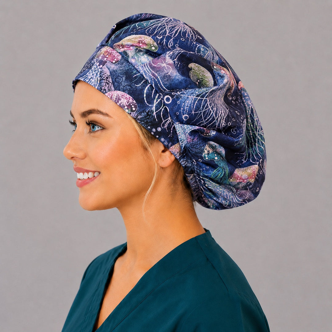 Coastal marine jellyfish bouffant scrub cap, left side profile — flowing tentacle print for OR nurses and surgical techs