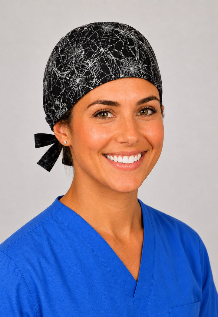 Left profile of cobweb scrub cap for women with short hair, gothic Halloween OR cap in black
